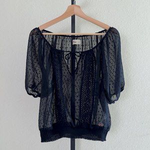 Hollister | Polka Dot Sheer Boho Top - Navy, Sz L